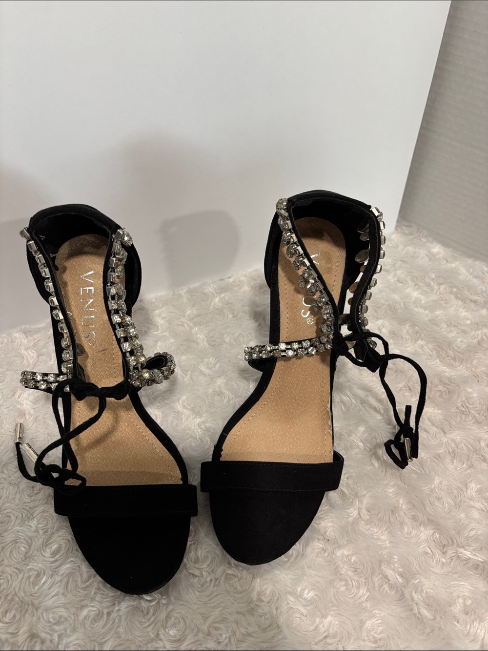 VENUS Black Rhinestone Lace-Up Heeled Sandals size 7